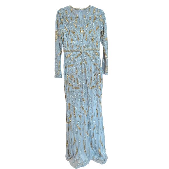 Mac Duggal Size 6 Gown Beaded Long Sleeve Dress Silver Blue with Gold Sequins - Picture 4 of 6